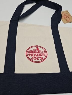 LARGE Trader Joe's Canvas Duffel Tote in Natural and Navy